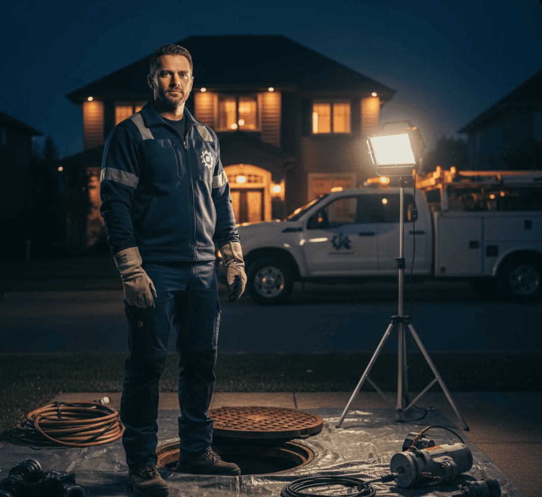 24/7 emergency sewer repair service truck and licensed technician responding to residential call in Garland